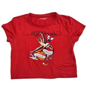 Ed Hardy Red Top Cropped Graphic Shirt Y2k - Women's Large